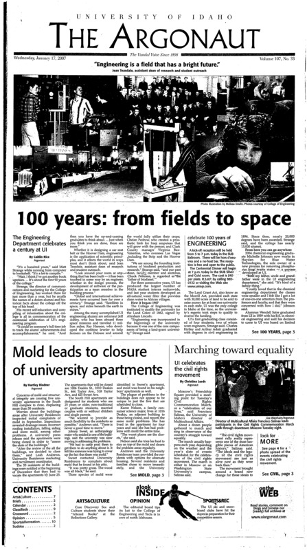 100 years: from fields to space; Mold leads to closure of university apartments; Marching toward equality; New ASUI senator brings experience, ambition (p3); UI clubs stacked for seasons (p10); Close, but not quite, for Idaho (p10); Aggies run past Vandals (p10); St. Mary’s stuns Gonzaga (p11);