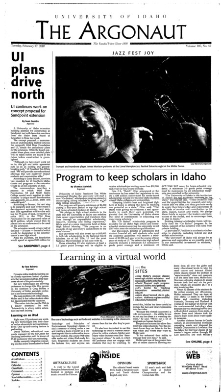 UI plans drive north; Program to keep scholars in Idaho; Learning in a virtual world; Wallace concept room tours begin next month (p3); Garcia wants to help, inspire fellow students (p3); Celebrating everyBODY (p3); Students find relief in SRC massages (p4); No WAC title for UI track (p11); Vandals lose in senior night before Hawai’i game (p11); Idaho prepares for last home games (p11); Cyclists take on Devil’s Slide race in Lewiston (p12);