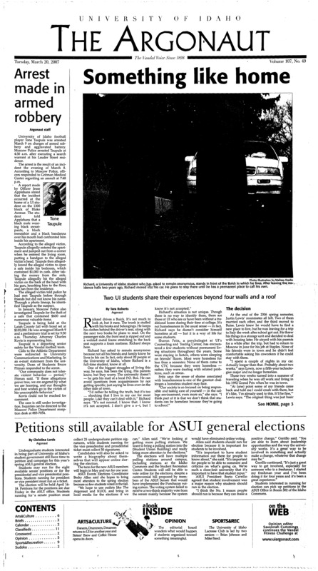 Arrest made in armed robbery; Two UI students share their experiences beyond four walls and a roof; Petitions still available for ASUI general elections; Grant promotes paper conservation (p4); Best Raider Competition aims to test cadets’ physical, mental strength (p4); Final season looking up for seniors (p9); An All-American trifecta (p9); Vandals end season to Nevada in conference game (p9); UI rebuilds for next year (p10);