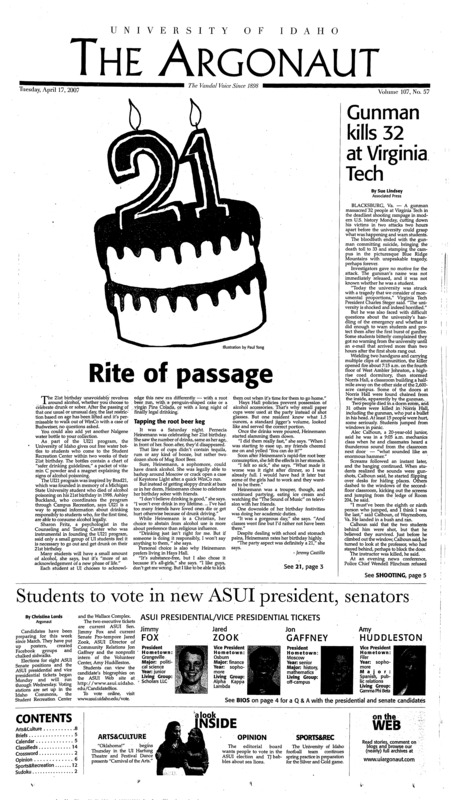 Rite of passage; Gunman kills 32 at Virginia Tech; Students to vote in new ASUI president, senators; Student attacked on Hello Walk (p5); Bidiman spreads the word on safe sex (p6); Adding golf to injury (p11); Big plays and a broken nose (p11); Festival gives away first cash prize (p11); Running teams race in new 189-mile course (p11); Vandals take charge at weekend tournaments (p12);