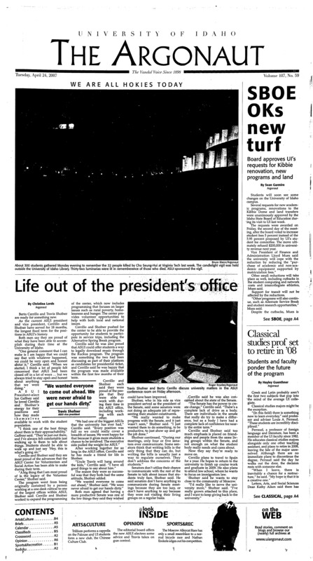 Life out of the president’s office; SBOE OKs new turf; Classical studies prof set to retire in ‘08; Freshmen stand tallest at Golden Joes (p3); Concert, cans for Earth Week (p3); Guts and gears (p9); UI looks to extend season at WAC championships (p9); Enderle’s the man for now (p9); Olympian skiier adapts past to help HIV org (p10);