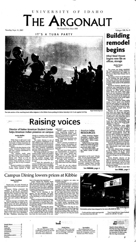 Building remodel beings; Raising voices; Campus Dining lowers prices at Kibbie; Women’s Center hosts annual open house (p3); Campus resources can point students in right direction (p3); Larsen dominates in Vandal wins (p11); Vandals rely on Jackson and defense for win (p11); Vandal soccer team splits games at Governor’s Cup (p11); The Ultimate club (p12);