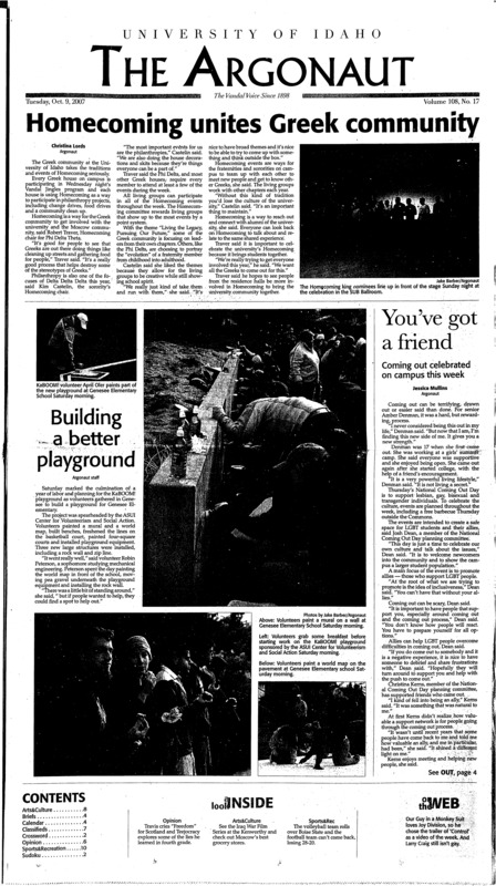 Homecoming unites Greek community; You'be got a friend; Building a better playground; Greeks split logs for charity (p3); Martin forum addresses global health concerns (p3); Luna proposes $1.47B budget, including teacher merit pay (p4); Runners, organizer at odds over race prep (p5); Deputy who killed six flew into rage after ex rebuffed him (p5); Coming out (p6); War comes to the Kenworthy (p8); History of photography relived at WSU (p9); Idaho shuts out Boise State in Boise (p10); Rough weekend for UI soccer team (p10);