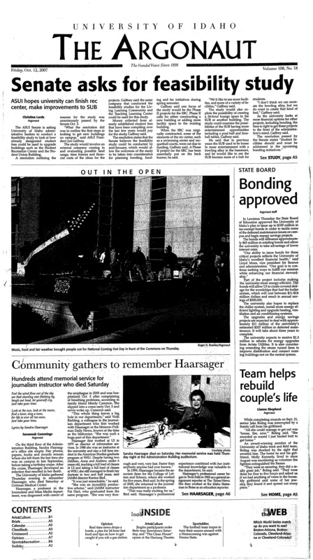 Senate asks for feasibility study; Bonding approved; Community gathers to remeber Haarsager; Team helps rebuild couple's life; Res halls celebrate Vandal pride (p3); Speaker shares firsthand experience of his life in Sudan (p4); Local businesses support soldiers (p4); Living the lunacy (p7); Fast food sins (p8); Small town, world class art (p9); Vandals sing, dance and jingle (p9); Crafters sell their closet stash (p10); Club revives with new leader (p11); Attempts to sell gringo tacos in Mexico get lost in translation (p13); Living the legacy (p14); Basketball season starts with Seven O'clock Sizzle (p14); Haley Larsen: Killing machine (p15); The men of my life (p16); Athlete recovers from near fatal accident (p18); What's New with KUOI (p20); KUOI Schedule Fall 2007 (p22); Upward Bound takes over KUOI (p26); Pitchfork: The friend and enemy of modern music (p27); Top 10 R&B/Rap songs that make me think of my adolescence, When I listened to R&B/Rap (p 29);