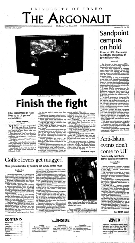 Final installment of Halo lives up to UI gamers’ expectations; Sandpoint campus on hold; Coffee lovers get mugged; Anti-Islam events don’t come to UI; Senator a ‘quiet presence’ in ASUI (p3); STAND wants students more involved in organization (p3); Footbrawl lends support to CASA (p3); Harvard speaker to explore development (p5); New parking for visitors (p5); Dealing with trash (p6); Brassieres give more than support (p8); Roll up katamaris for the Cosmos (p9); Women’s b-ball of to a fresh start (p11); Vandal football comes up short in New Mexico (p11); Greeks get shut out of intramural soccer championships (p12);