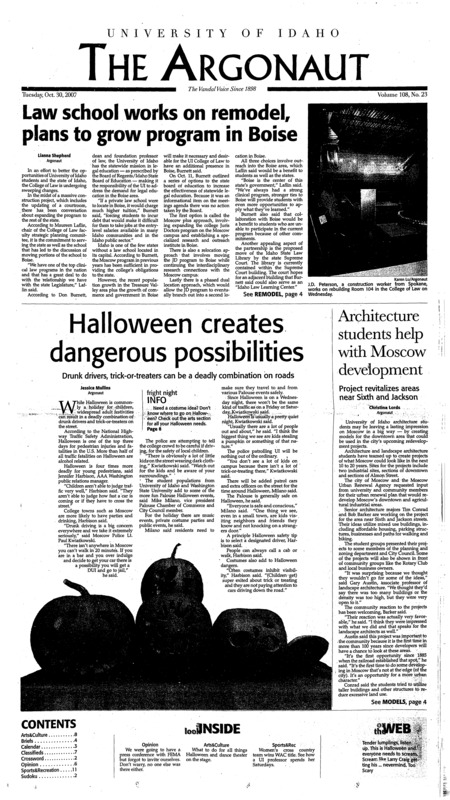 Law school works on remodel, plans to grow program in Boise; Halloween creates dangerous possibilities; Architecture students help with Moscow development; Basketball philanthropy supports Camp Fire USA (p3); Students protest ban on concealed weapons (p3); Substantial grant keeps MOSS (p4); Students work to build sustainable campus (p5); Fake news on the rise (p6); Corruption, injustice and universal healthcare (p7); ‘Movable Feasts’ make ‘Tasty Treats’ (p8); Nerds find love in geeky places (p10); Women win XC title (p11); From the classroom to the sidelines (p11); Vandals drop final two home games (p12);