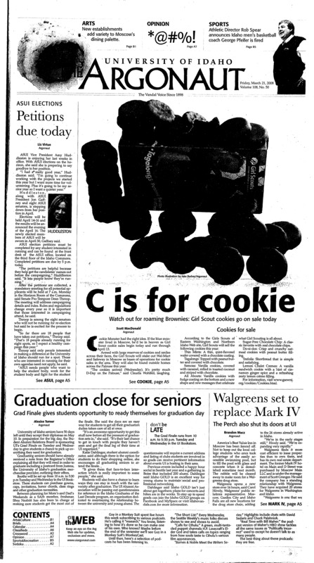Petitions due today; Graduation close for seniors: Grad finale gives students oppurtunity to ready themselves for graduation day; Walgreens set to replace Mark IV: The perch also shuts it's doors at UI; Gates discusses U.S. troop proposals for Iraq (p4); Leading scorers departs from Idaho team: Madison continues streak of vandals leaving women's program early (p14);