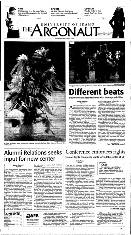 Different beats: Powwow links past traditions with future possibilities; Alumni relations seeks input for new center; Conference embraces rights: Human rights conference wants to 'find the center' at UI; Nakashima hits her stride (p13);