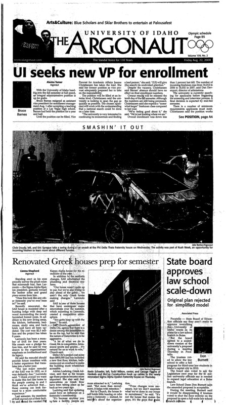 UI seeks new VP for enrollment; Renovated greek houses prep for semester; State board approves law school scale-down: Original plan rejected for simplified model; JAMM works to be cutting edge (p4); U.S, Iraq have talks to pull U.S. troops out (p6); Hallmark creates gay marriage cards (p7); Summer scrimmages end (p14);