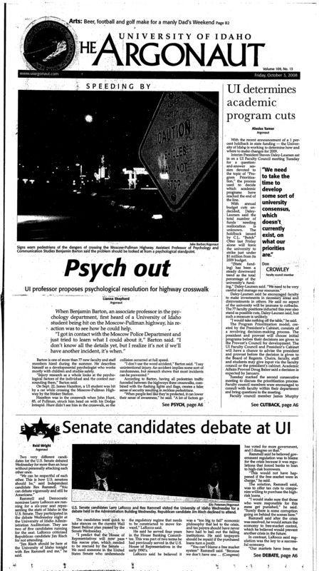 UI determines academic program cuts; Psych out: UI professor proposes psychological resolution for highway crosswalk; Senate candidates debate at UI; Wolf pack attacks (p15);
