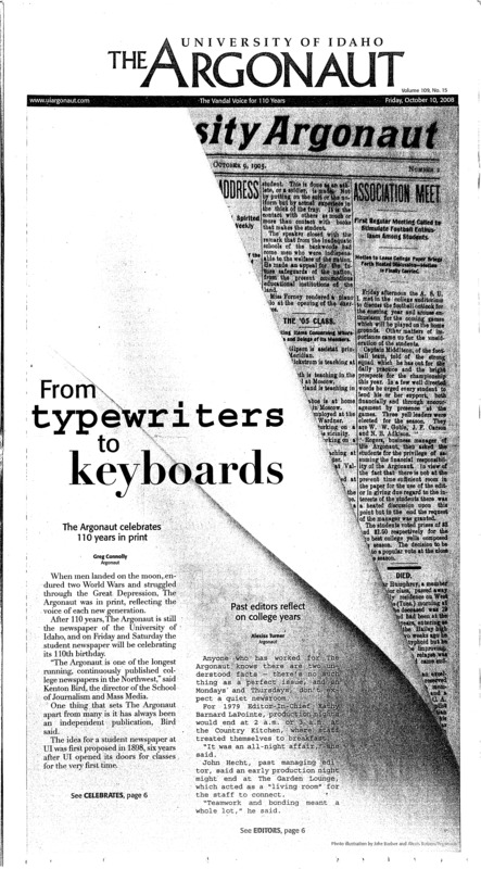 From typewriters to keyboards; The Argonaut celebrates 110 years in print; WSU and UI say it's over: Career expo partnership ends after 10 years (p3); Back to basics (p12); Olympic committe to retest Beijing samples (p14);