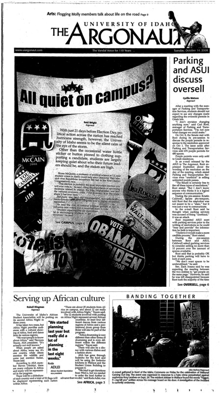 Parking and ASUI discuss oversell; Serving up African culture; Vandals show improvement (p11); Vandals tie at home (p12);