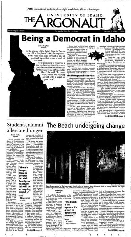 Being a democrat in Idaho; Students, alumni alleviate hunger; The beach undergoing change; Bulldogs run over vandals (p12); Women play outdoors to (p12);