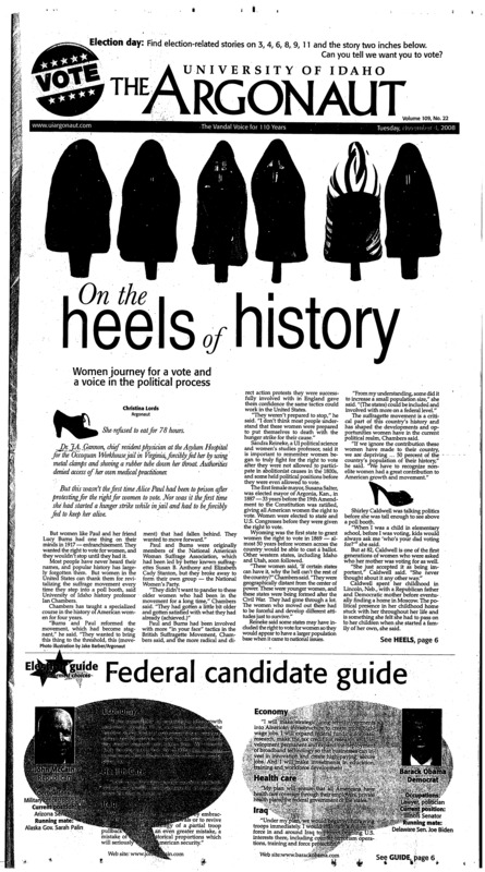 On the heels of history: Women journey for a vote and a voice in the political process; Federal candidate guide; Vandals nearly upset SJSU: Vandals come back in final minutes but fall short against San Jose state spartans (p13);