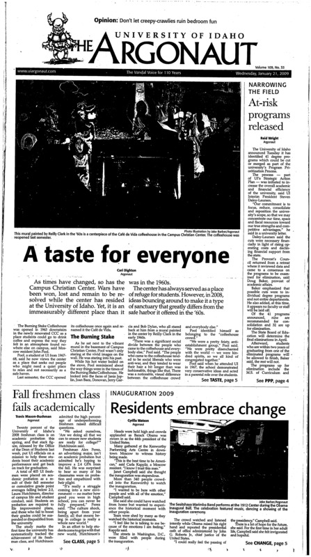 A taste for everyone; At-risk programs released; Fall freshman class fails academically; Residents embrace change; ASUI seeks personnel (p3); UI caterer retires after 30 years (p3); Memorial placed in UI’s TLC (p4); Grand Jury: man intentionally crashed plane (p4); Eight-year-old boy spends 10 days with dead mother (p4); Sex bites - at least crabs do (p7); Athletics get breaks during crisis (p7); ‘Lincoln’s Shins’ sees first light (p8); Undergrad poet publishes book (p8); Classic cars and curmudgeons (p9); Student raps to see Obama (p9); Indoor track meet gets under way (p10); UI track houses hidden instinct (p10); Back in the swing of things (p10); Vandals lose tough game to LA Tech (p11); Kokanee get shot at comeback (p12)