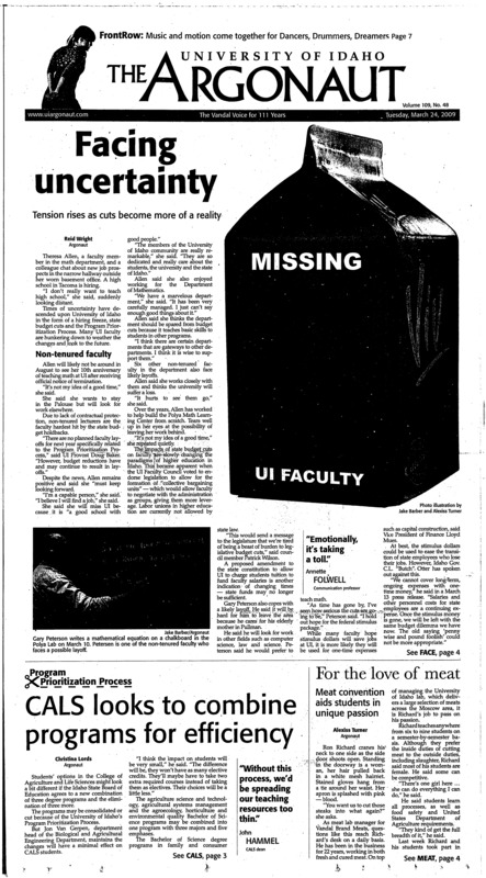 Facing uncertainty: tensions rise as cuts become more of a reality; CALS looks to combine programs for efficiency; For the love of meat: meat convention aids students in unique passion; Moscow hosts Supreme Court Justice (p3); University gains positive turnout in Navel ROTC competition (p3); Dreaming in music and dance (p7); Recycling fun, even for the birds (p7); UI film fest showcases native culture (p7); Room for foodies in Moscow: restaurants bring culinary heart to Moscow (p8); Tigers end UI tourney run (p10); Women sweep East Coast (p10); Consistency given red light (p10); Vandals earn All-American honors (p10); Griffey blasts home run in spring training (p11); Schilling retires after three World Series titles (p11)
