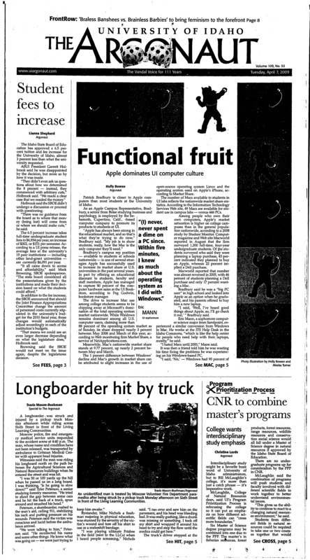 Functional fruit: Apple dominates UI computer culture; Student fees to increase; Longboard hit by truck; CNR to combine master’s programs: college wants interdisciplinary study emphasis; Ceremony honors residence hall students with Golden Joes (p3); University Housing to improve student living (p3); Behind the scenes, above the stage (p4); Part-time job raises the stakes, pays the bills (p4); Old traditions & new beginnings (p8); Standing at the front of feminism (p8); Library finds Schindler’s famous list (p9); Track and field takes 14 titles (p10); Women’s winning streak ends (p10)