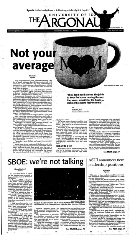 Not your average mom; SBOE: we’re not talking; ASUI announces new leadership positions; Students bring flow to those in need (pA3); Donors honored with UI Tag Day (pA4); Frat reopens in time for Turtle Derby (pA4); Longboard hurt after fall (pA5); Analysis oddities emerge in Idaho Legislature (pA5); Thousands rally at ‘tea parties’ (pA6); Obamas made $2.7 million last year (pA6); President seeks action from Cuban dictator (pA6); A Gem State gem: local jewelers find passion in work (pB1); Secret gardens, bats and Elvis (pB1); Timothy Mooney: keeping Moliere alive (pB1); Talent contestant stuns crowd (pB4); The road to recovery: University of Idaho football coach Robb Akey yells out drill instructions during football practice Thursday on the SprinTurf (pB5); UI tennis wins home matches (pB5); Track and field team busy as bees (pB5); Women’s soccer club season begins (pB6); NBC’s John Madden retires (pB6)