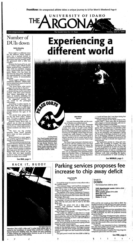 Experiencing a different world; Number of DUIs down; Parking services proposes fee increase to chip away deficit; Campus gets clean (p3); Future of small programs unsure (p3); Shhh, it’s a secret: PostSecret project creator visits campus (p8); Turtle Contender slowly waddles towards destiny (p8); Vinyl: the new, old black (p9); Expanding on experience: Bat for Lashes’ “Two Suns” receives high praise (p9); Vandals excel against tough competition (p10); Vandals compete in Silver and Gold game (p10); Apple cup runneth over (p10); More wins for Black Widows (p11); Boston Marathon: Americans push, fall short (p11); Drawing to an online straight: Gambling ban created to maintain game’s integrity (p12)