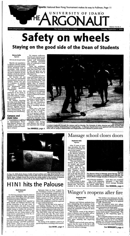 Safety on wheels: staying on the good side of the Dean of Students; Massage school closes doors; H1N1 hits the Palouse; Winger’s reopens after fire; Taking guesswork out of emergencies (p3); Researchers given STD grant (p3); Student falls from fraternity window (p4); Saturday night rock ‘n’ roll: Nickleback’s live performance surged energy through the Gorge (p7); Heading south: Vandals to play season opener on road against New Mexico State (p9); A successful start: won 2 of 3 tournament matches (p9); Soccer dominates Utah Valley 3-1 (p9); Straight-faced beer pong (p11); Tedy Bruschi retires (p12)