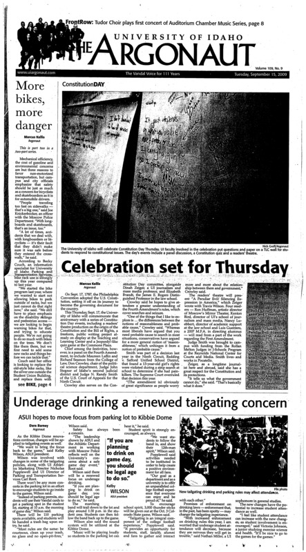 Celebration set for Thursday; More bikes, more danger; Underage drinking a renewed tailgating concern: ASUI hopes to move focus from parking lot to Kibbie Dome; UI defeats WSU … in donations (p3); Idaho State Police sued over liquor licence rule (p3); Studies reveal swine flu spreads long after fever stops (p3); Iran to meet world powers (p4); Feel the rhythm: Modern dance class gives students open space for expression (p7); MuteMath avoids sophomore slump (p8); Tudor Choir visits campus fro concert (p8); Vandals can’t stop Locker: Huskies offense runs rampant in 42-23 victory (p9); Vandals split weekend (p9); Volleyball truffles at Cougar Classic (p9); Rebuilt Vandals walk hard road (p10); Players promise brains to research (p11); Vandals’ schedule a reflection of Verlin’s Utah State experience (p11); Brady rallies Patriots against Bill, 25-24 (p12); Williams apologizes for outburst (p12)