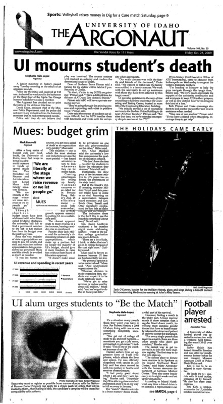 UI mourns student’s death; Mues: budget grim; UI alum urges students to “Be the Match”; Football player arrested; Research veep talks up Nellis (p3); Native American media struggles with free press (p3); Fraternity works to support AIDS awareness (p4); SF Bay warships to be recycles (p3); Accreditation check-up: Accreditor visits campus to evaluate programs (p3); Rock for homecoming sparks (p7); The perfect matchup: The paringin of Nevada and Idaho could make for tough competition (p9); Digging for a cure: Team raises money for breast cancer research (p9); NASCAR drives around in circles (p9); Black Widows dress to kill (p10); Vandals have perfect start (p10); Herb tournament ends fall season: after average performances during the fall season, the team take on final tournament next week (p11); Team finished the season successfully (p11)