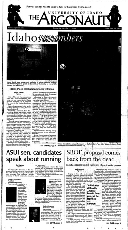 Idaho remembers: Bob’s Place celebration honors veterans; ASUI sen. Candidates speak about running; SBOE proposal comes back from the dead: Faculty endorses the limited expansion of presidential powers; Payroll goes Web-based: University-wide rollout beginning this week meant to reduce errors and paper use (p3); UI moves from print (p3); Adding fun to recycling (p3); Feds move to seize 4 mosques (p3); KUOI lures fans with free CDs, live performances (p7); Small town writer, big time success: Barnes and Noble honors UI professor’s novel (p7); Earning the bragging rights: After ten years of loose to Boise State, the Vandals plan to take back the victory (p9); Season finally kicks off at home against Gonzaga (p10); Taking on a tough team: Idaho hopes to give Hawaii its first loss (p11); Competing in NCAA Regionals (p11)