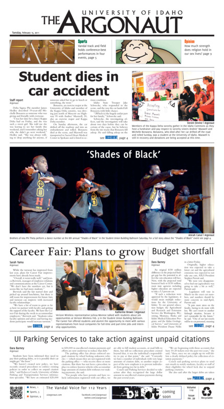 Student dies in car accident; Career fair: Plans to grow; Budget shortfall; UI parking Services to take action against unpaid citations; Women Sweep Boise (p5); We mourn together (p9);