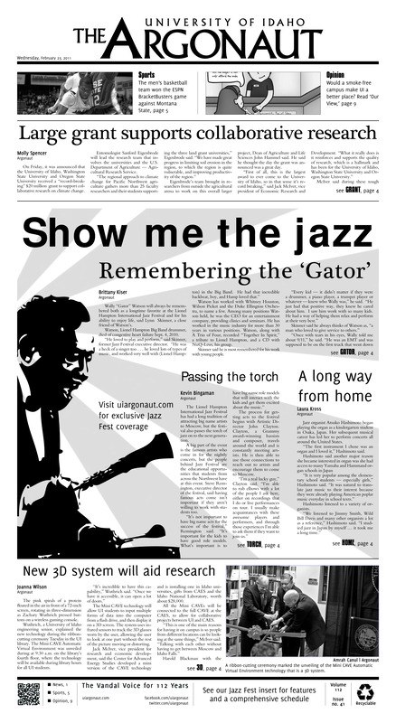 Large Grant supporters collabarative research; Show me the jazz: Remembering the 'Gator'; New 3D system will aid research; Defense gives vandals a win (p5); Don't ban smoking (p9);