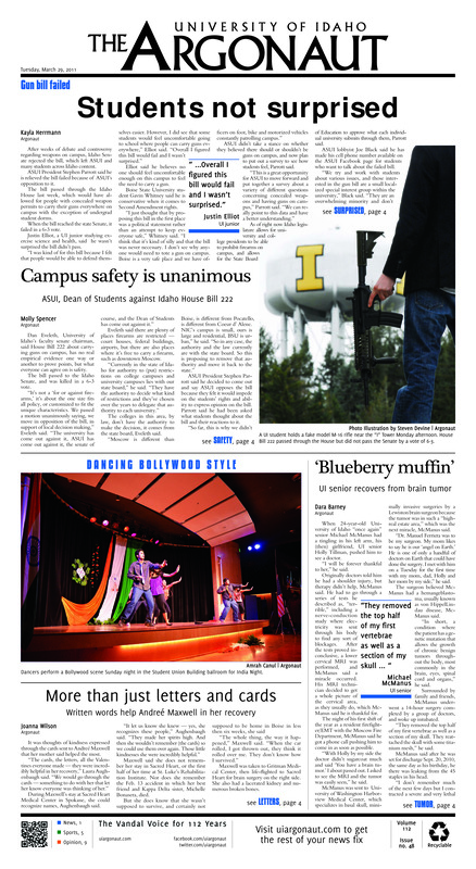 Students not surprised; Campus safety is unanimous: ASUI, dean of students against Idaho house bill 222; 'Blueberry Muffin': UI senior recovers from brain tumor; More than just letters and cards: Written words help Andree Maxwell in her recovery; Mountain biking a growing sport for women (p5); Men's tennis so close (p7);