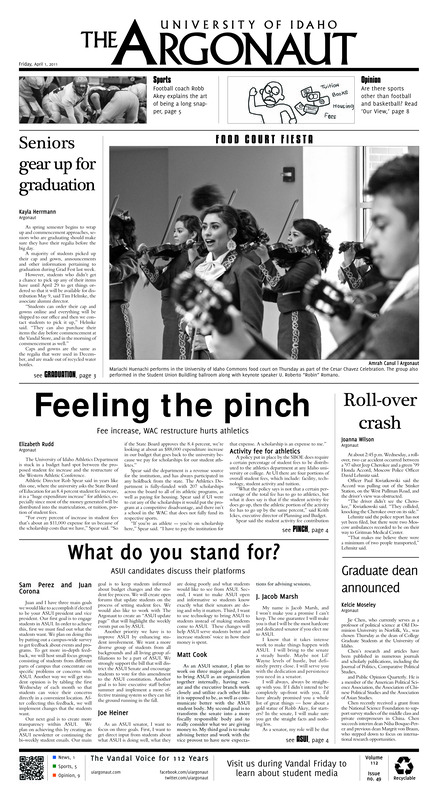 Seniors gear up for graduation; Feeling the pinch: Fee increase, WAC restructure hurts athletics; Roll-over crash; What do you stand for?: ASUI candidates discuss their platforms; Graduate dean anounced; UI football goes international (p5); Republicans should nominate Romney in 2012 (p9);