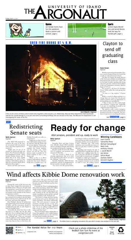 Clayton to send off graduating class; Redistricting senate seats; Ready for change: ASUI senators, president and v.p. ready to work; Wind affects Kibbie dome renovation works; making the perfect putt (p7); Great golfers think alike (p7);
