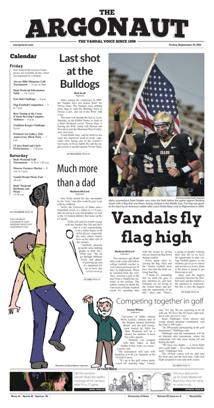 Last shot at the Bulldogs; Much more than a dad; Vandals fly flag high; Competing together in golf; Three key points (p9); Vandals fall to no.11 Hawaii (p9); Baseball club back in full swing (p10);