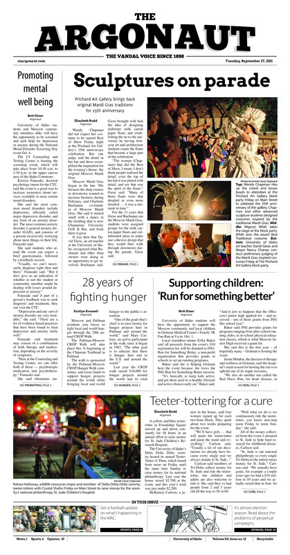 Promoting mental well being; Sculptures onn parade: Prichard art gallery brinngs back original mardi gas traditions for 25th anniversary; 28 years of fighting hunger; Supporting children: Run for something better; Teeter-tootering for a cure; Bitten: Vandals lose to fresno state bulldogs 48-24 (p6); Vandals sweep San Jose state (p9);