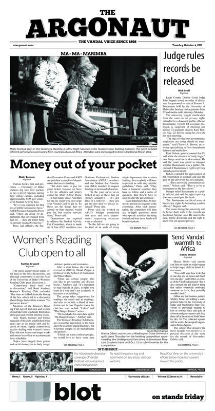 Judge rules records be released; Money out of your pocket; Women's reading club open to all; Send Vandal warmth to Africa; 'Akey' breaky heart: Idaho suffers OT loss in Virginia (p5); Idaho inconsistent on the road (p6); Soccer club looks to keep growing (p7);