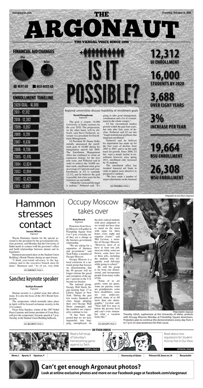 Hammon stresses contact; Occupy Moscow takeover; Sanchez keynote speaker; Falling flat: Vandals lose fourth consecutive game, fall to 1-5 (p5); Vandals stay alive (p7);