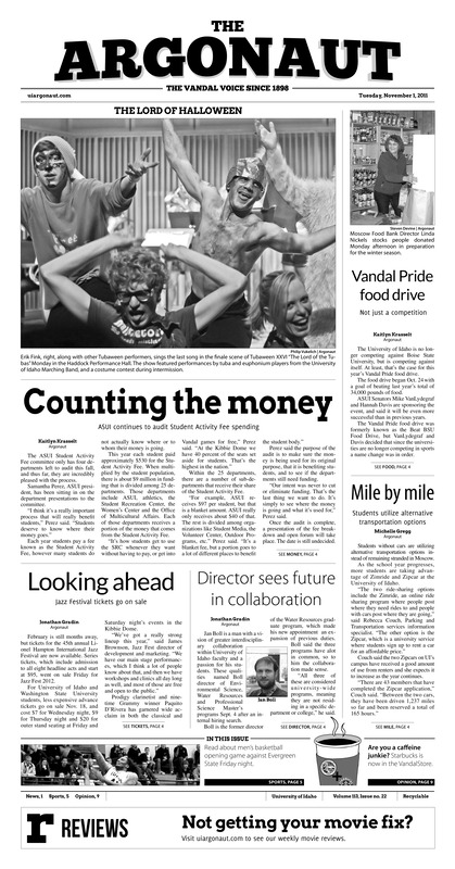 Vandal pride food drive: Not just a competition; Counting the money: ASUI continues to audit student activity fee spending; mile by mile: Students utilize alternative transportation options; Looking ahead: Jazz festival tickets go on sale; Director sees future in collaboration; Close, again (p5); Women's basketball get things rolling (p5); Storybook ending (p6);