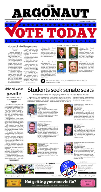 Vote today; Idaho education goes online: Local educators react to state board decision; Students seek senate seats: ASUI senate candidates will campaigning in greek and non-greek districts this year; Season ahead 'like butter' (p5); Tournament run ends bittersweet (p5); Cruise to victory (p6);