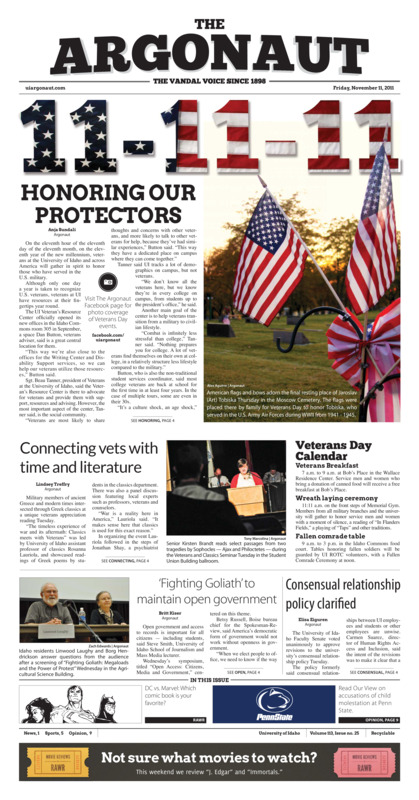 11-11-11: Honoring our protectors; Connecting vets with time and literature; 'Fighting goliath' maintain open government; Consesual relationship policy clarified; To provo with momentum (p5); Spike it right (p5); Men's tennis finishes season with some regrets (p5);