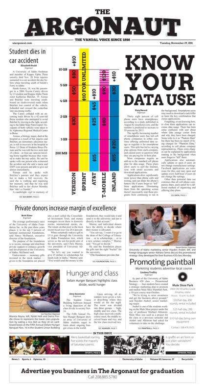 Student dies in car accident; Know your data use; Private donors increase margin of excellence; Promoting paintball: Marketing students advertise local course; Hunger and class: Oxfam hunger banquet highlights class divide, world hunger; Geiger's 23 propel vandals to victory (p6); Not enough: Volleyball falls short in WAC tournament, loses in semi-finals (p8);