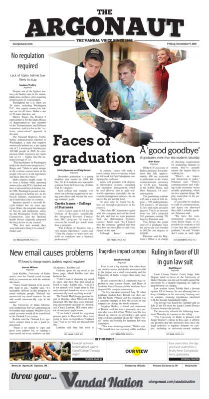 No regulation required; Faces of graduation: 'A good goodbye'; New email causes problems: ITS forced to change system, students respond negatively; Ruling in favor of UI in gun law suit; Tragedies impact campus; Vandals win big: WOmen end tow game losing streak with 63-40 win (p13); Bright spot to dark season (p13);