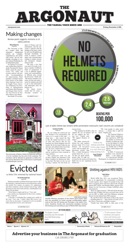 Making changes: Review panel suggests revisions to UI safety policies; No helmets required: Lack of Idaho helmet law remians while preventative motor cycle crash concerns are considered; Evicted: 19 delta chis removed by national board; uniting against HIV/AIDS; Eastern better team in loss (p6); Graham posts up: Junior basektball player is stepping up and taking charge (p8);