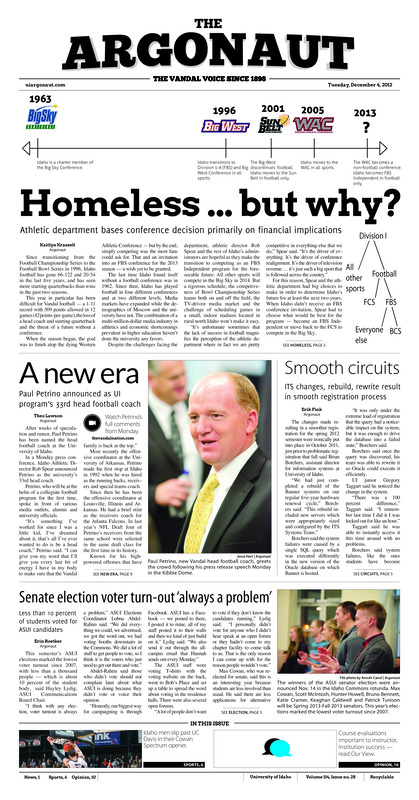 Homeless … but why? Athletic department bases conference decision primarily on financial implications; A new era: Paul Patrino announced as UI program’s 33rd head football coach; Smooth circuits: ITS changes, rebuild, rewrite result in smooth registration process; Senate election voter turn-out ‘always a problem’; AT&T requests additional antenna on water tower, sparks safety review (p3); Composting community: UI groups gather campus compost from Common’s, Bob’s food courts (p3); Libraries team up to share Idaho history (p4); Bucking the trend in big win (p6); Athleticism shows in Vandal win - redemption of Marcus Bell (p6); Season concludes, record fall: UI swim and dive wraps up semester with Winter Nationals (p7); Women improving, still not there (p8)