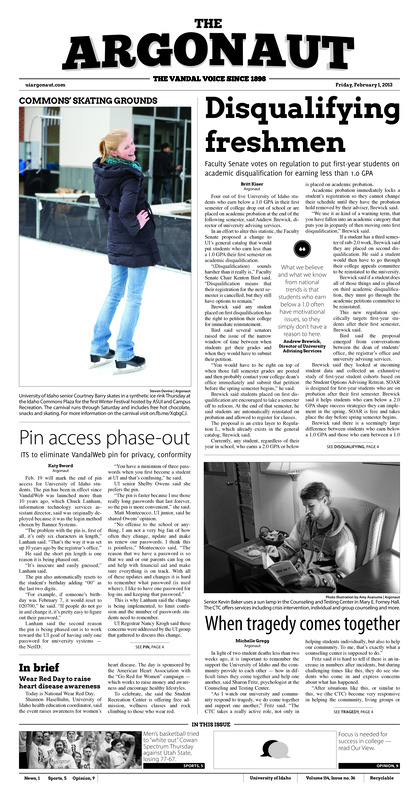 [Note: this issue PDF is front page only. Remaining pages may be available in print form in SPEC.]. Disqualifying freshmen; Faculty senate votes on regulation to put first-year students on academic disqualification for earning less than 1.0 GPA; Pin access phase-out: ITS to eliminate vandal web pin for privacy, community; When tragedy comes togehter;