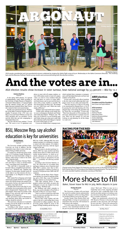 And the voters are in: ASUI election results show increase in voter turnout, beat national average by 3.5 percent - BSU by 12.7; BSU, Moscow rep. say alcohol education is key for universities; More shoes to fill: Baker, stover leave for NIU in july, Nellis departs in june; Four's company: Midway through spring practice, four man race heats up as Idaho's quarterback strut their practice, all starving for starting position (p6);