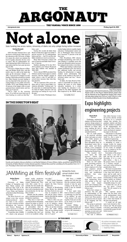Not alone: State funding low across nation, university of Idaho not only college facing tuition increases; Expo highlights engineering projects; JAMMing at film festival: Kenworthy hosts annual student short film festival; Vaulters reach new heights: Idaho track and field holds two high achieving pole vaulters looking to turn heads (p6); One down, two to go: Vandal women advance to WAC tournament semifinals (p6);
