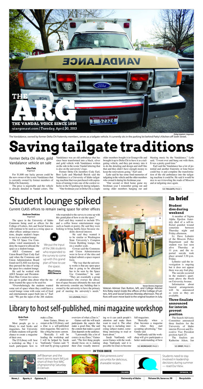 Saving tailgate traditions; Former Delta Ali chi silver, gold vandalance vehicle on sale; Student lounge spiked: current class offices to remain swing space for other offices;Library to host self published, mini magazine workshop; Mile-high bummer: Men's tennis falls short of its WAC title after losing to Denvevr in the final match (p6);