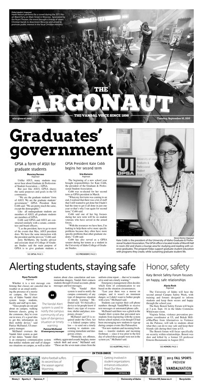 Graduates' government: GPSA president Kate Cobb begins her second term; Alerting students, staying safe; Honor,safety: Katy benoit safety forum focuses on happy, safe relationships; Thunderstruck: Lightning delay, Wyoming cowboys stifle Idaho in Laramie (p6); Time to regroup (p6);