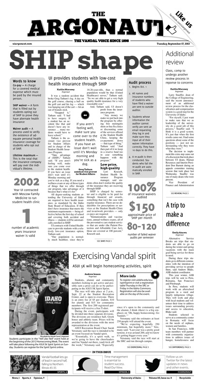 SHIP shape: UI provides students with low-cost health insurance through SHIP; Exercising vandal: ASUI 5k will begin homecoming activities, spirit; Idaho nearly upsets defending MAC champions in close home-opening loss (p6); Offenisve domination: Vandals sweep Bronco volleyball classic in Boise (p6);