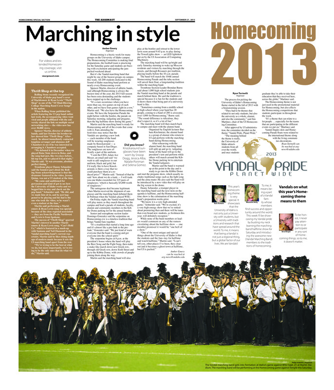 Marching in style; Homecoming 2013; Costs of homecoming: Majority of $20,000 homecoming budget raised by alumni relations board (p3);